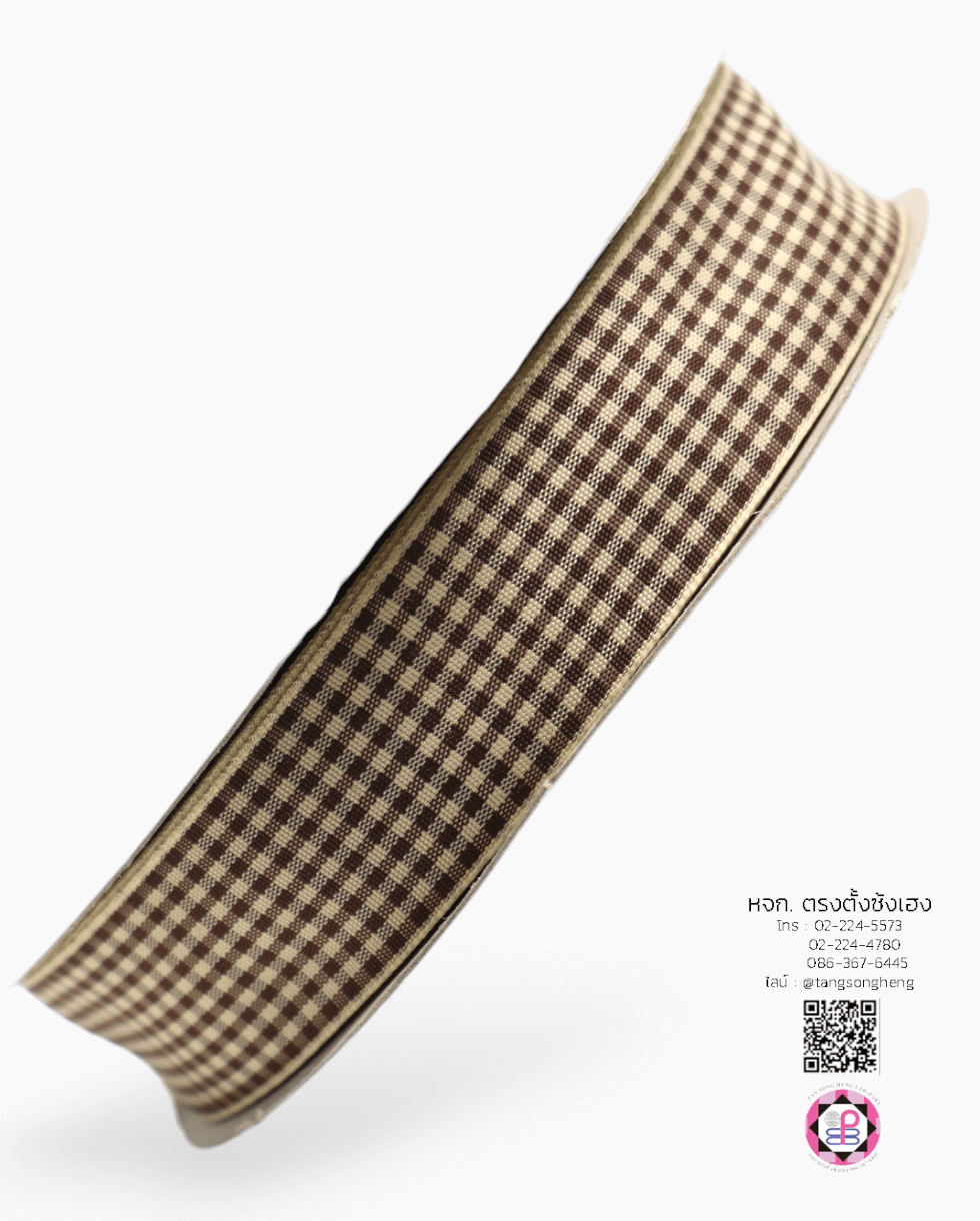 ริบบิ้นผ้าลายสก็อต กว้าง 1 นิ้ว ยาว 50 หลา สีน้ำตาลพื้นครีม (ลายตารางหมากรุก) E1-230