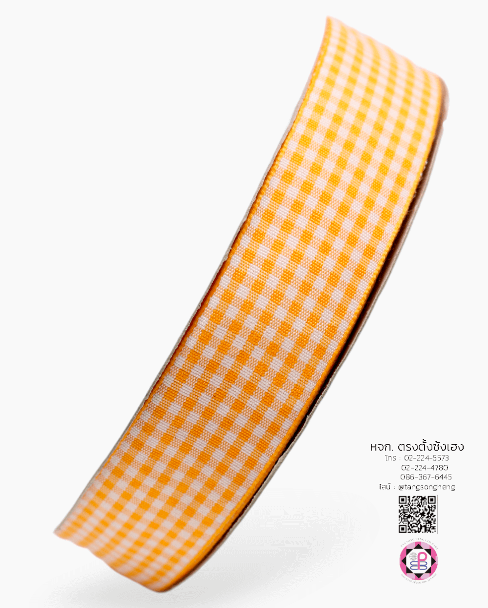 ริบบิ้นผ้าลายสก็อต กว้าง 1 นิ้ว ยาว 50 หลา สีส้มพื้นขาว (ลายตารางหมากรุก)
