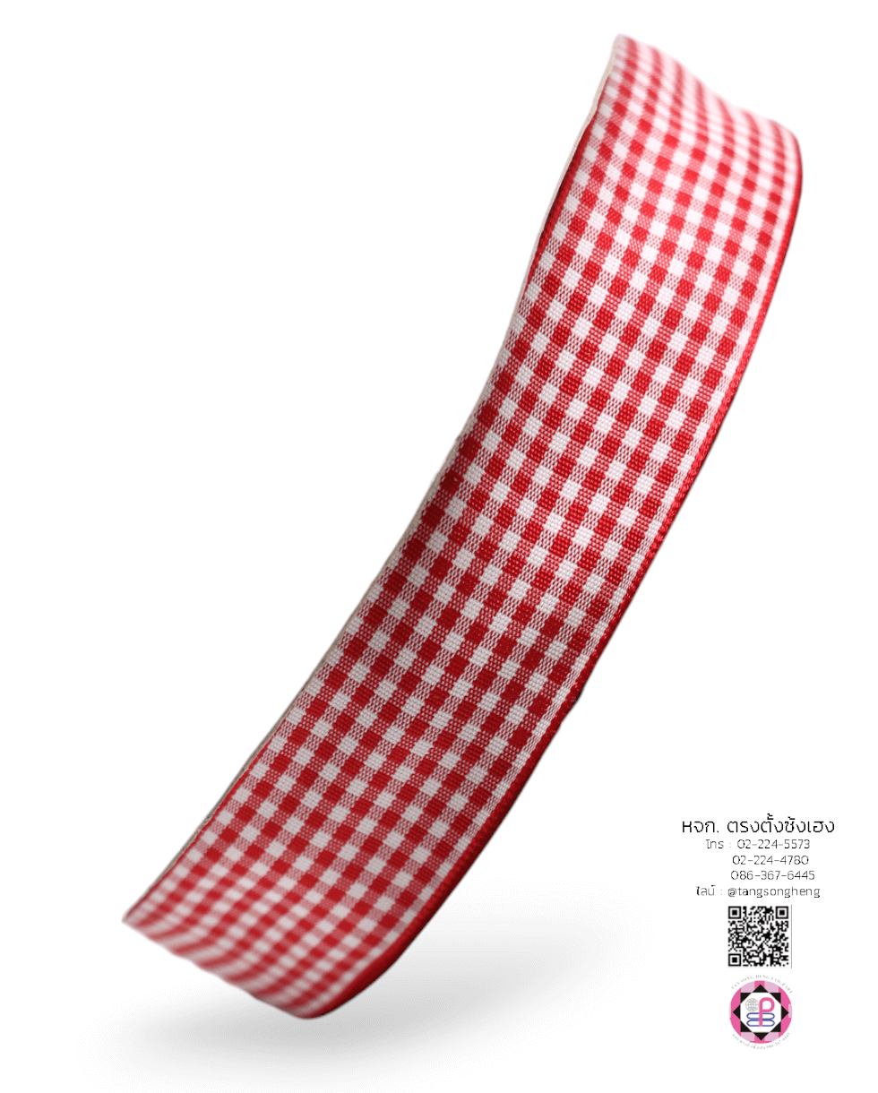 ริบบิ้นผ้าลายสก็อต กว้าง 1 นิ้ว ยาว 50 หลา สีแดงพื้นขาว (ลายตารางหมากรุก) E1-5