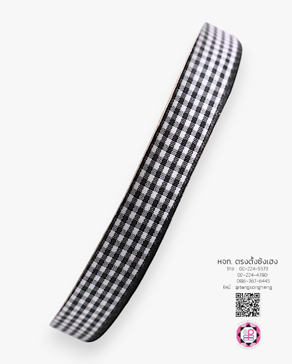 ริบบิ้นผ้าลายสก็อต กว้าง 15 มิล ยาว 50 หลา สีดำพื้นขาว (ลายตารางหมากรุก)