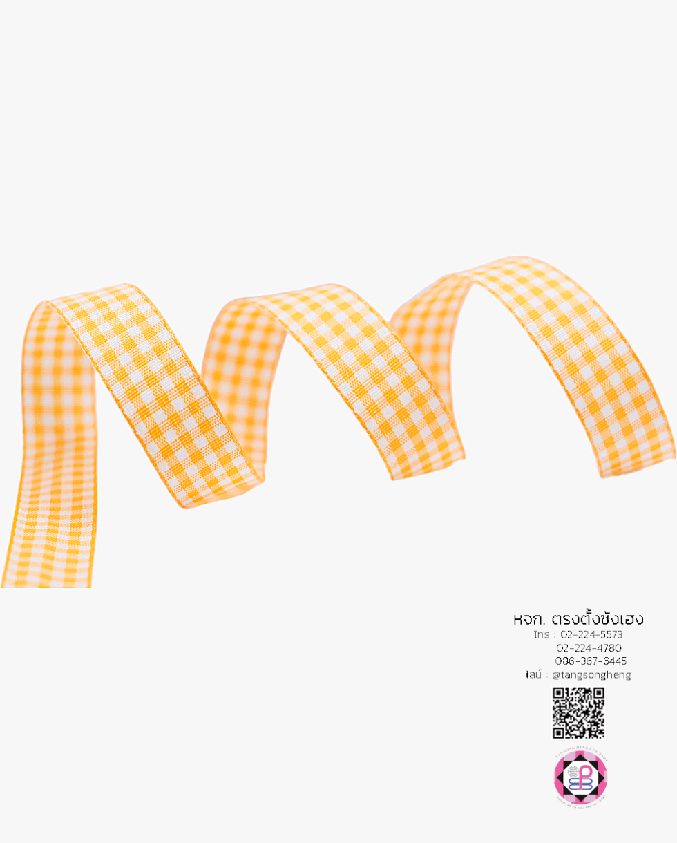 ริบบิ้นผ้าลายสก็อต กว้าง 15 มิล ยาว 50 หลา สีส้มพื้นขาว (ลายตารางหมากรุก)