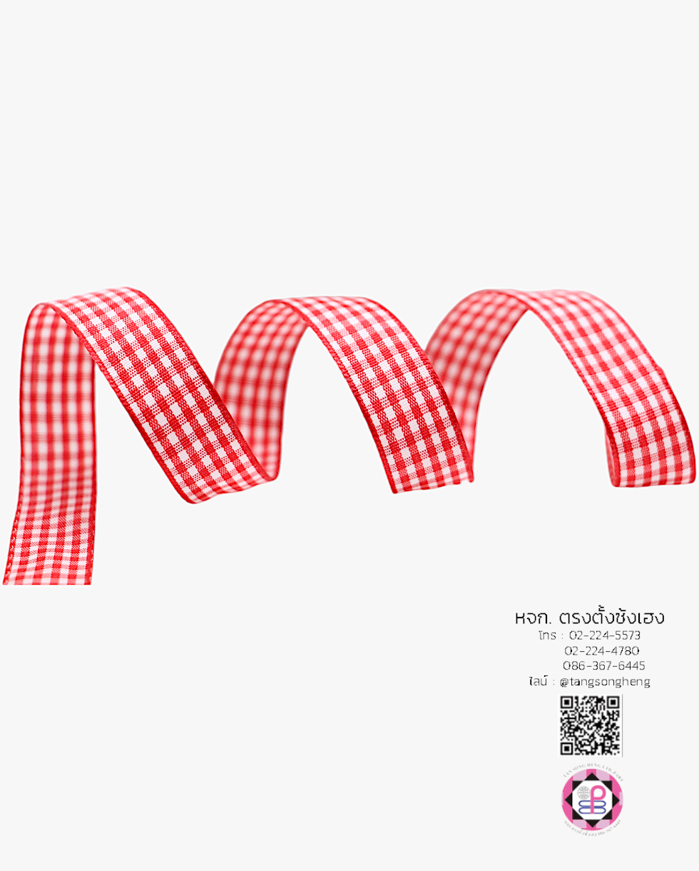 ริบบิ้นผ้าลายสก็อต กว้าง 15 มิล ยาว 50 หลา สีแดงพื้นขาว (ลายตารางหมากรุก) E1-5