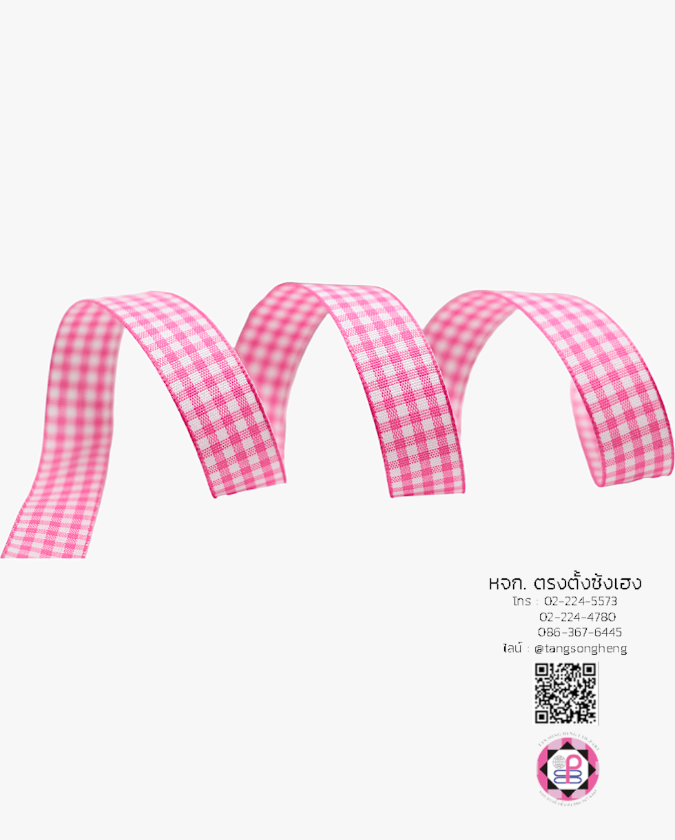 ริบบิ้นผ้าลายสก็อต กว้าง 15 มิล ยาว 50 หลา สีชมพูเข้มพื้นขาว (ลายตารางหมากรุก) S015
