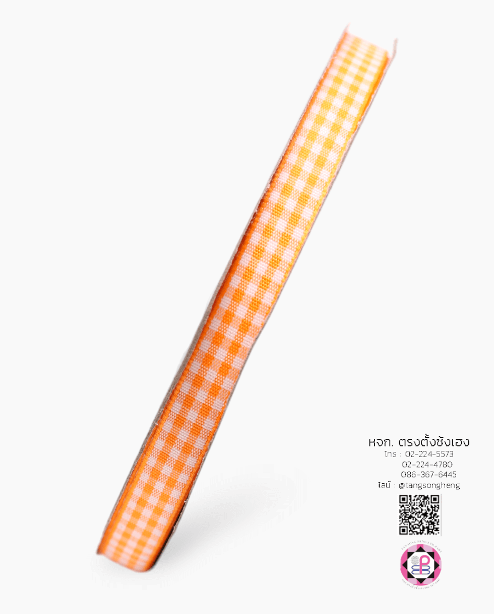 ริบบิ้นผ้าลายสก็อต กว้าง 10 มิล ยาว 50 หลา สีส้มพื้นขาว (ลายตารางหมากรุก)