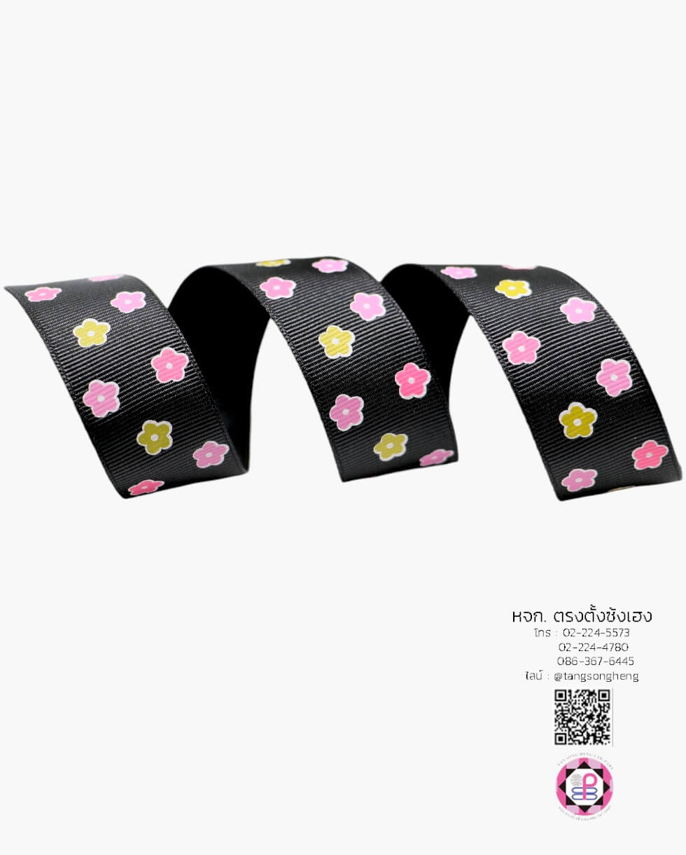 ริบบิ้นผ้ากรอสเกรน กว้าง 1 นิ้ว ยาว 50 หลา ลายดอกไม้ 3 สี สีดำ 39#
