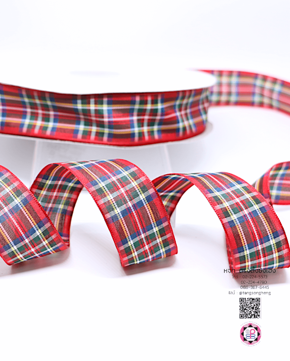 ริบบิ้นผ้าลายสก็อต กว้าง 1 นิ้ว ยาว 50 หลา สีแดง E1-41