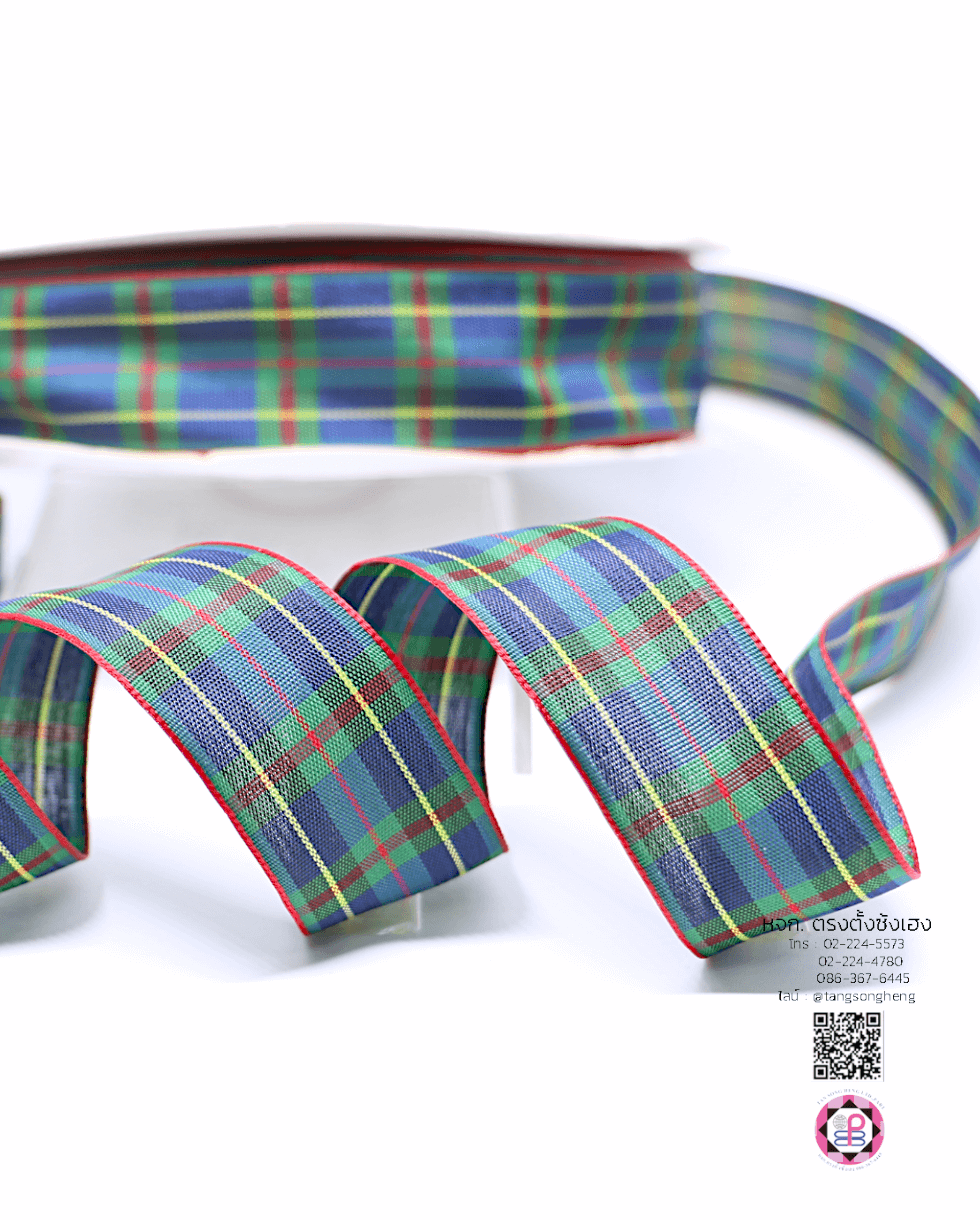 ริบบิ้นผ้าลายสก็อต กว้าง 1 นิ้ว ยาว 50 หลา สีเขียวขอบแดง