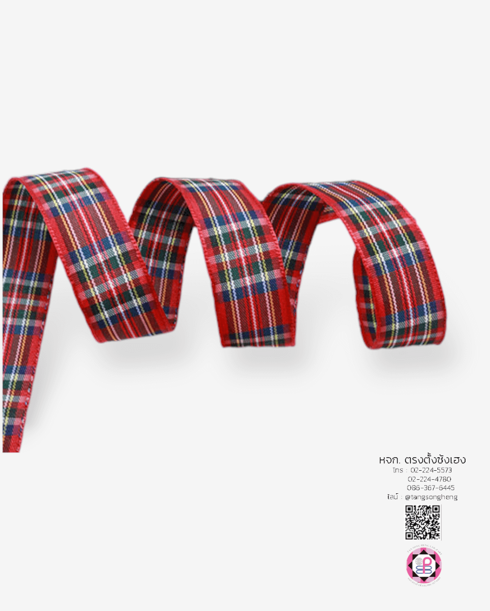 ริบบิ้นผ้าลายสก็อต กว้าง 15 มิล ยาว 50 หลา สีแดง E1-41
