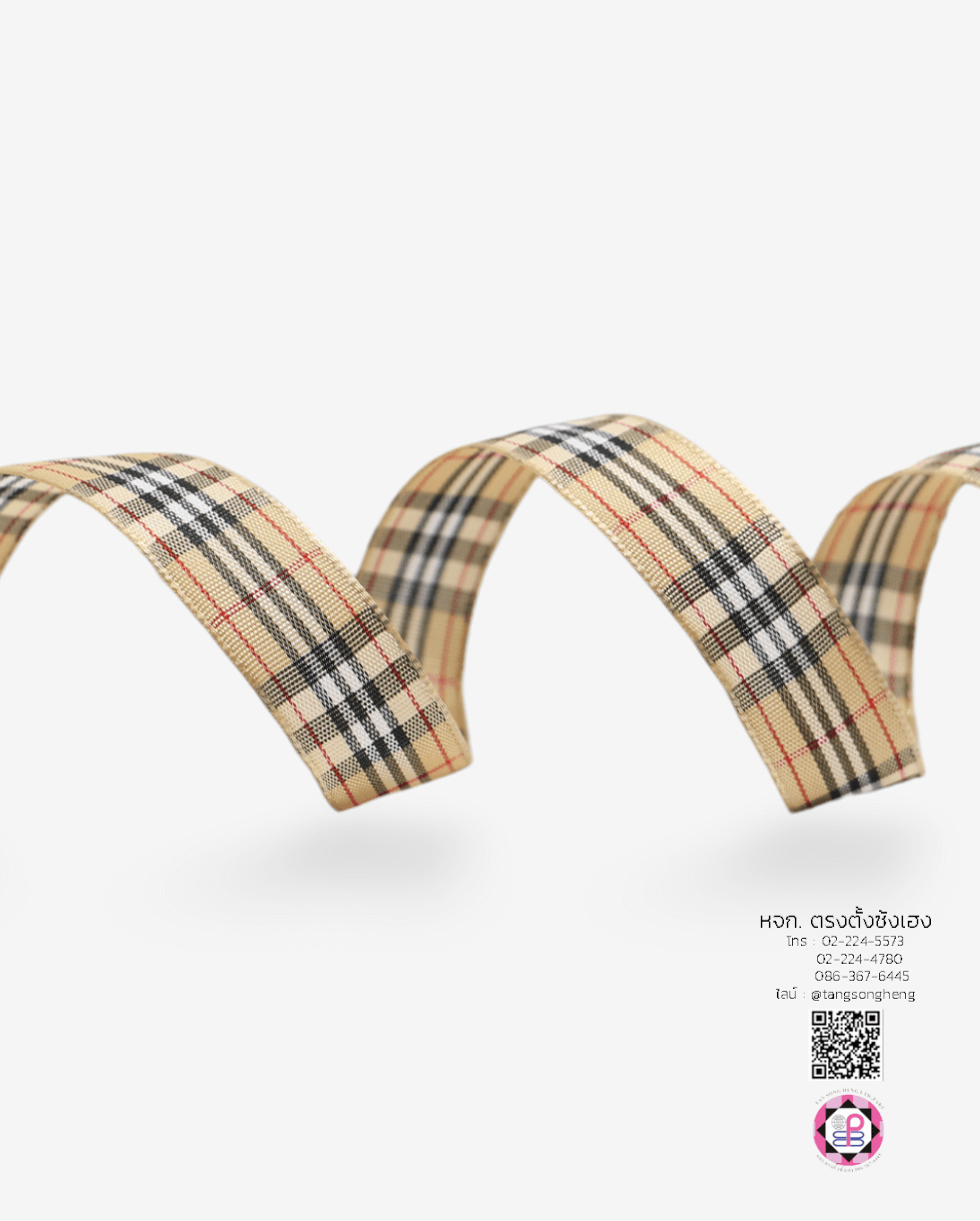 ริบบิ้นผ้าลายสก็อต กว้าง 15 มิล ยาว 50 หลา สีครีม E1-39