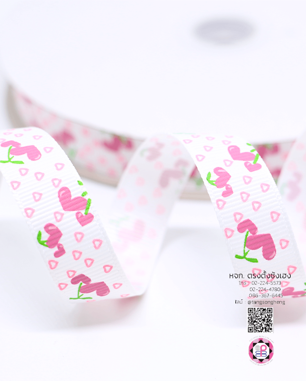 ริบบิ้นผ้ากรอสเกรน กว้าง 15 มิล ยาว 50 หลา ลายHeart Cherry สีชมพูเข้ม