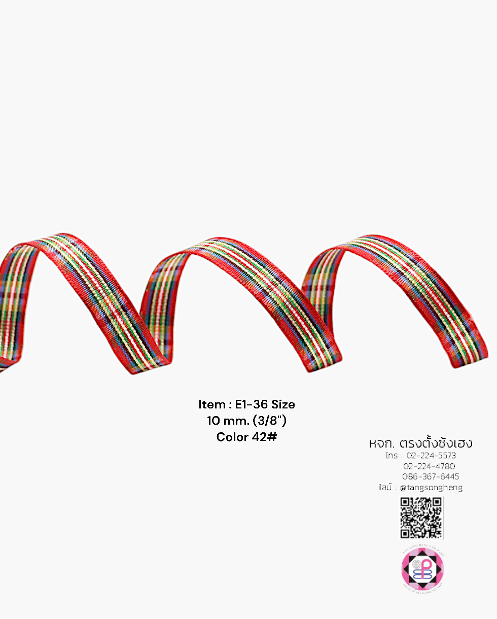 ริบบิ้นผ้าลายสก็อต กว้าง 10 มิล ยาว 50 หลา สีแดง E1-36