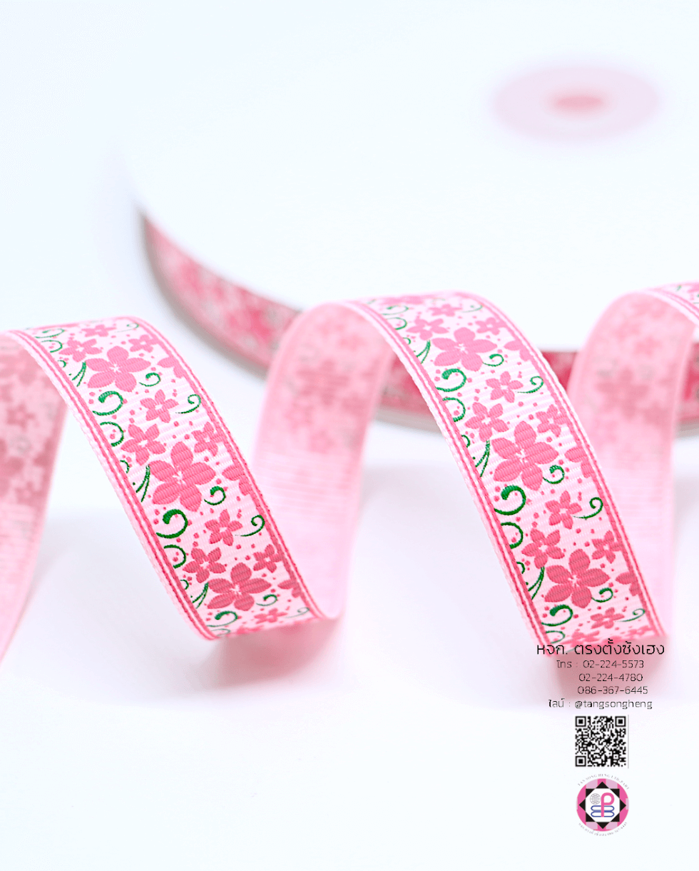 ริบบิ้นผ้ากรอสเกรน กว้าง 15 มิล ยาว 50 หลา ลายดอกไม้ สีชมพู