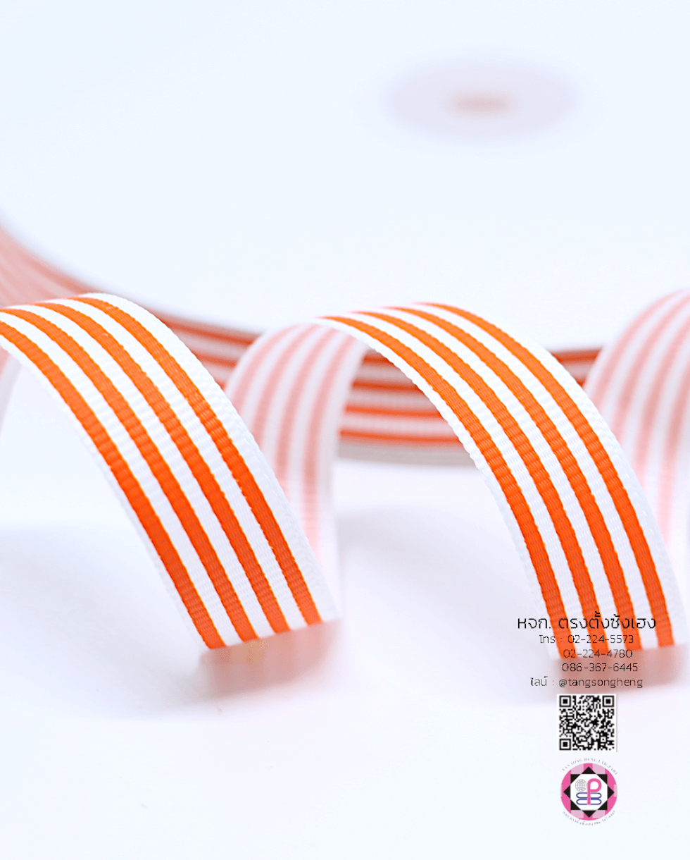 ริบบิ้นผ้ากรอสเกรน กว้าง 15 มิล ยาว 50 หลา ลายริ้ว สีส้ม