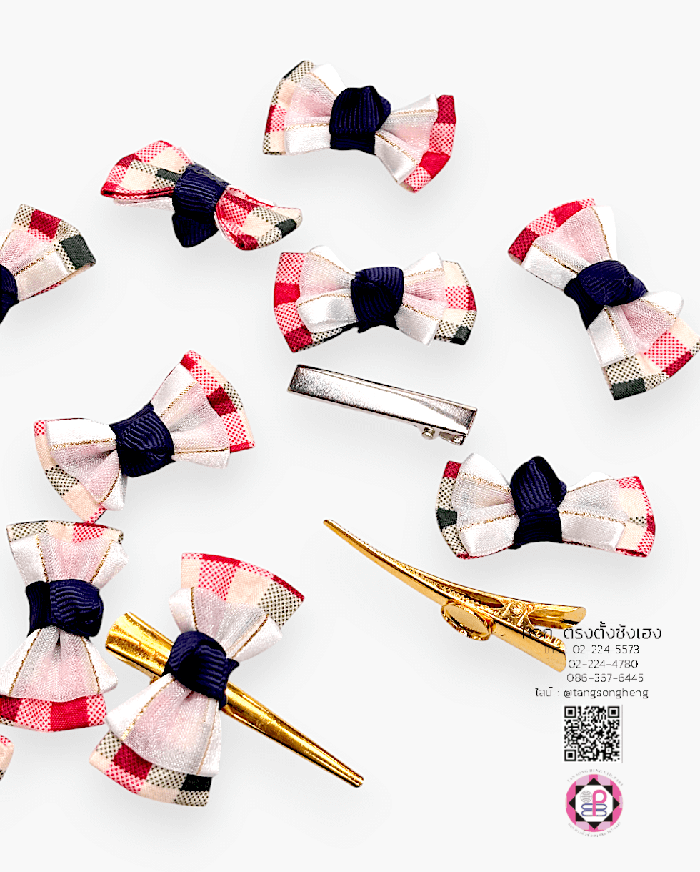 อะไหล่ผ้า โบว์ผ้าลายสก็อต สีแดง