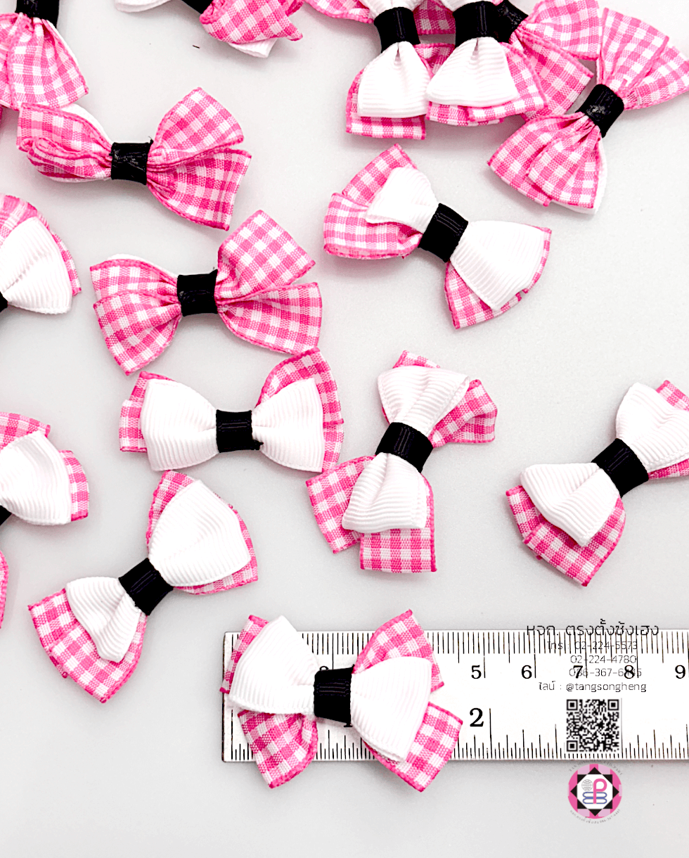 อะไหล่ผ้า โบว์ผ้าลายตารางหมากรุก สีชมพูเข้ม