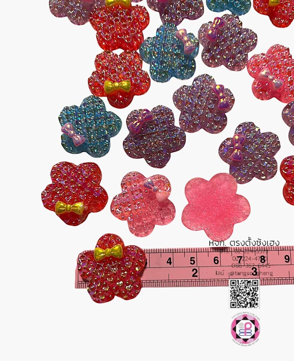 อะไหล่เรซิ่นรูปดอกไม้ติดโบว์สีเหลือบ คละสี แพ็ค 100 ชิ้น