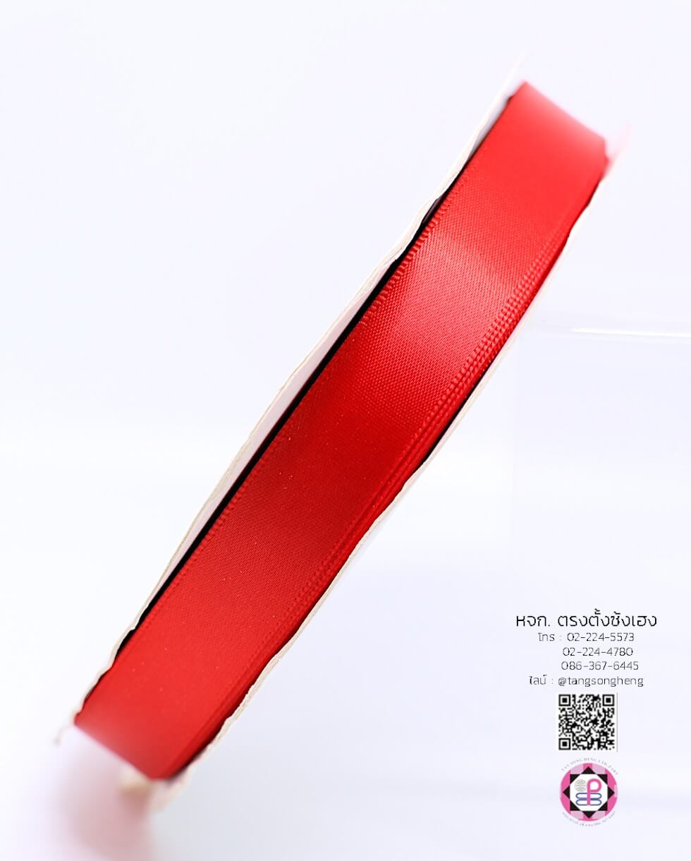 ริบบิ้นผ้าซิลค์ กว้าง 15 มิล เงา 1 หน้า ยาว 50 หลา สีแดง 165#