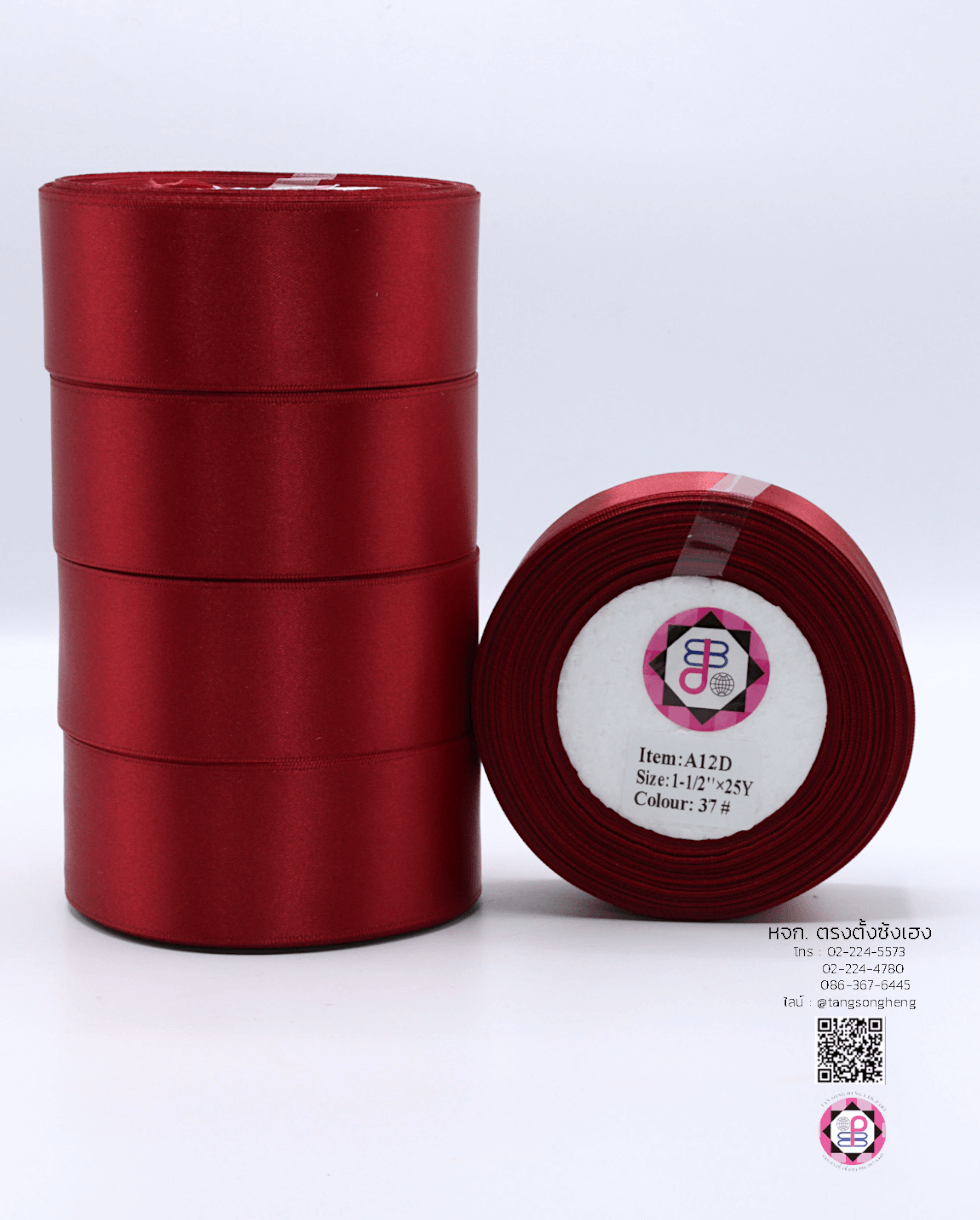 ริบบิ้นผ้าซาติน กว้าง 1.5 นิ้ว เงา 2 หน้า ยาว 25 หลา สีแดงเข้ม 37#