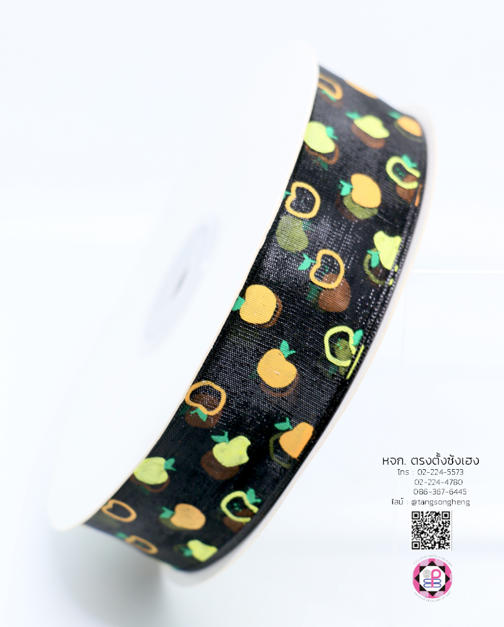ริบบิ้นผ้าแก้ว กว้าง 1 นิ้ว ยาว 50 หลา พิมพ์ลายแอปเปิ้ล 3 สี สีดำ 39#