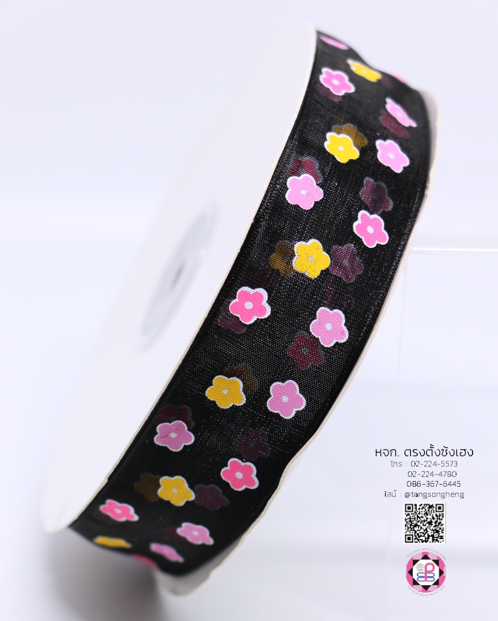 ริบบิ้นผ้าแก้ว กว้าง 1 นิ้ว ยาว 50 หลา พิมพ์ลายดอกไม้ 3 สี สีดำ 39#