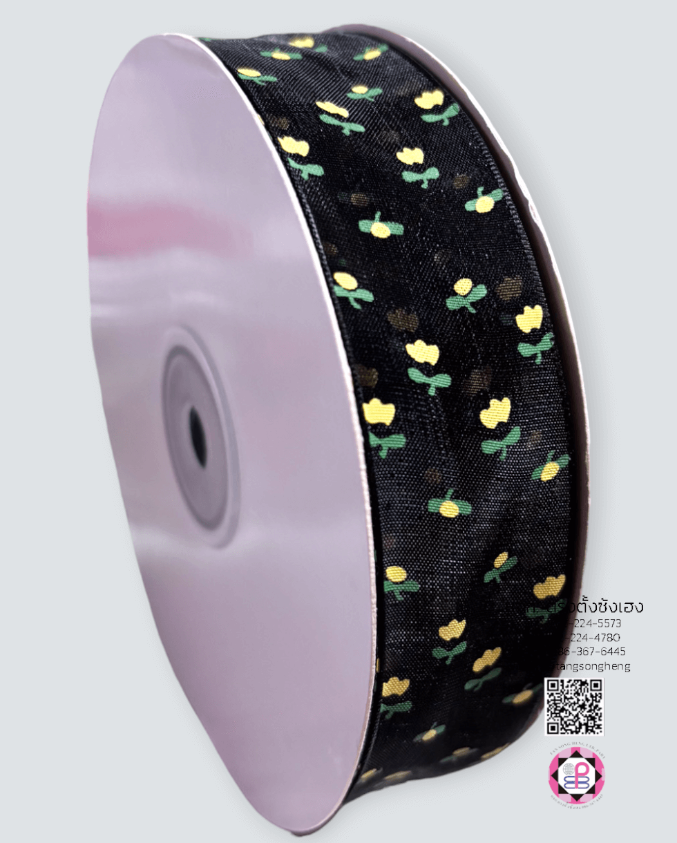 ริบบิ้นผ้าแก้ว กว้าง 1 นิ้ว ยาว 50 หลา พิมพ์ลายดอกทิวลิป สีดำ 39#