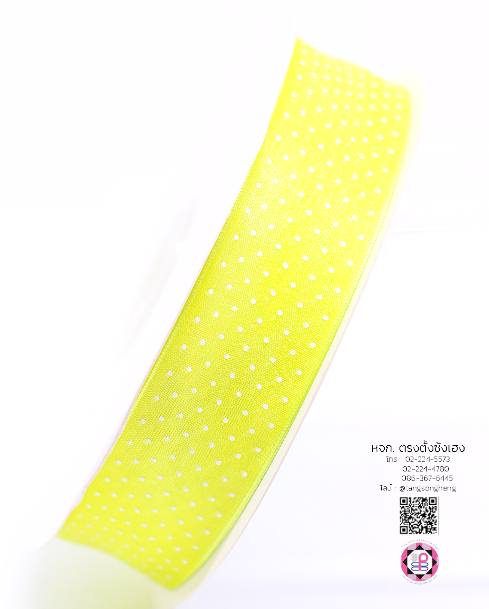 ริบบิ้นผ้าแก้ว กว้าง 1 นิ้ว ยาว 50 หลา พิมพ์ลายจุดเล็ก สีเขียวตอง 52#