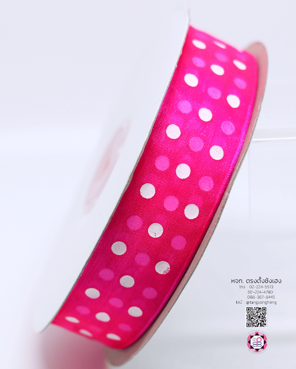 ริบบิ้นผ้าแก้ว กว้าง 1 นิ้ว ยาว 50 หลา พิมพ์ลายจุดใหญ่ สีชมพูสะท้อน