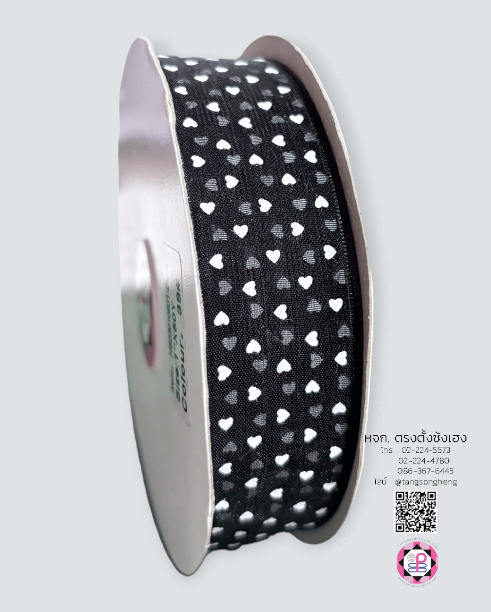 ริบบิ้นผ้าแก้ว กว้าง 1 นิ้ว ยาว 50 หลา พิมพ์ลายหัวใจจุดเล็ก สีดำพิมพ์ขาว 39#