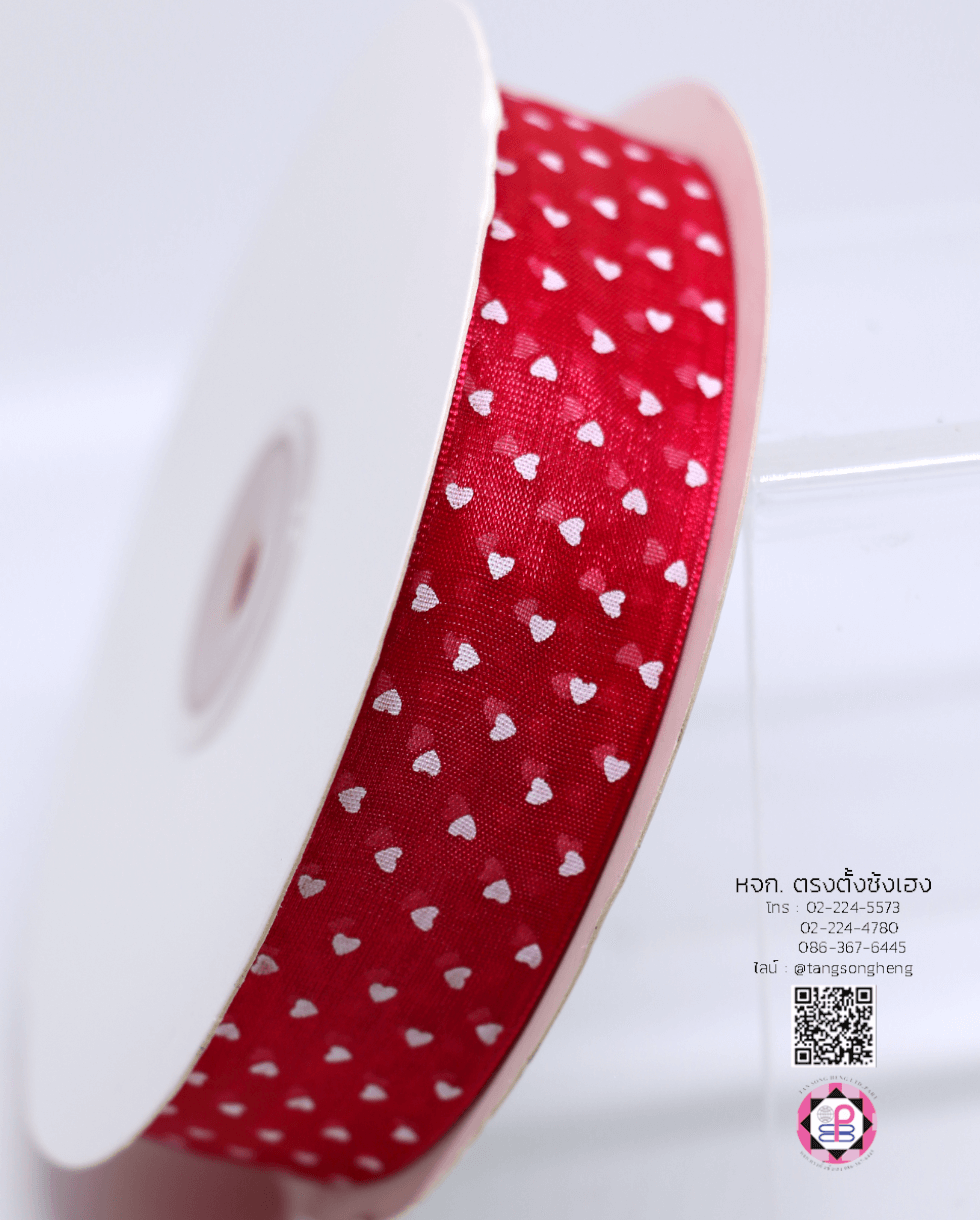 ริบบิ้นผ้าแก้ว กว้าง 1 นิ้ว ยาว 50 หลา พิมพ์ลายหัวใจจุดเล็ก สีบานเย็น 28#