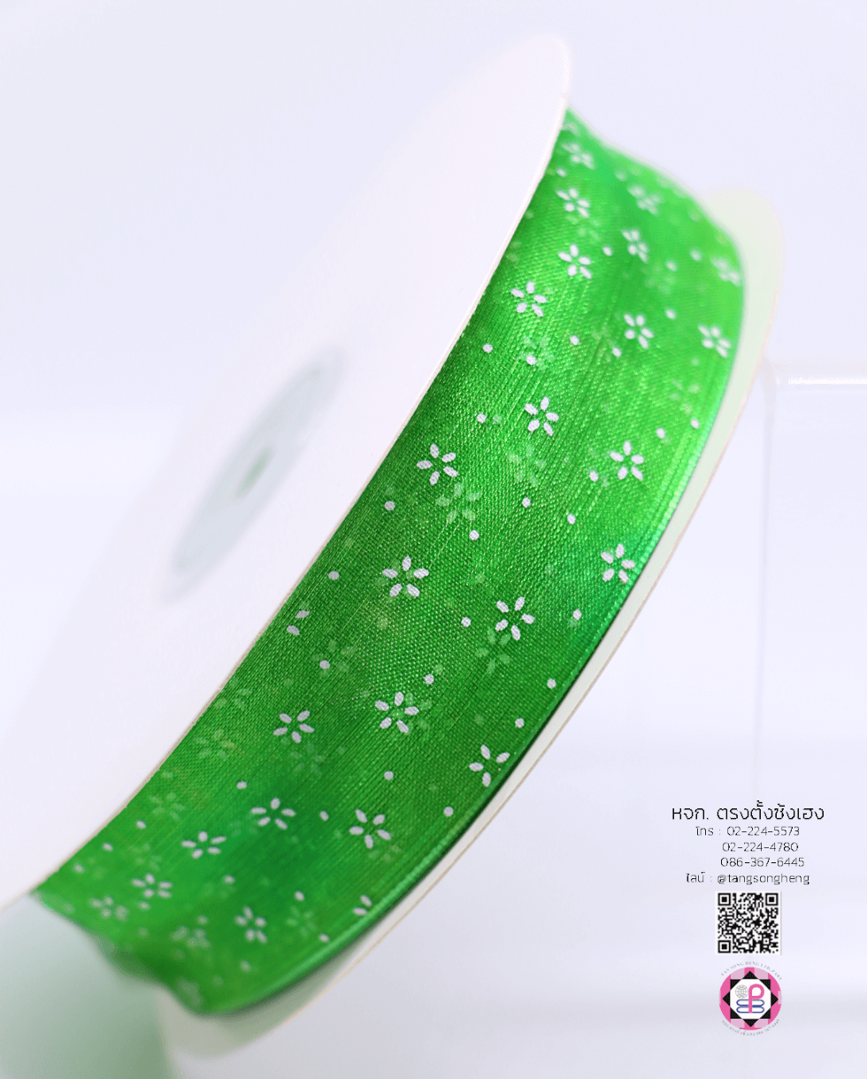 ริบบิ้นผ้าแก้ว กว้าง 1 นิ้ว ยาว 50 หลา พิมพ์ลายดอกเดซี่ สีเขียวเข้ม 19#
