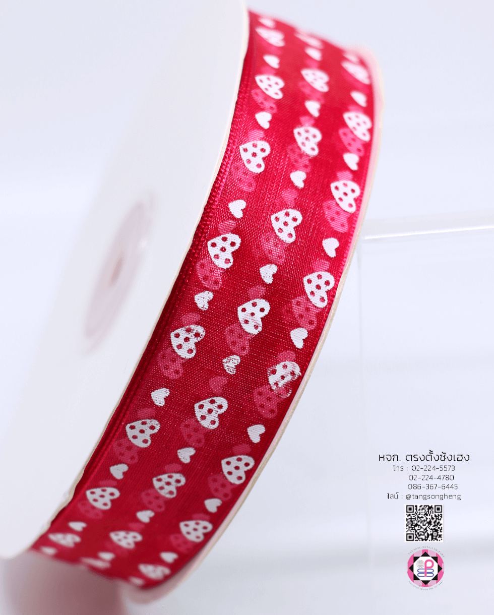 ริบบิ้นผ้าแก้ว กว้าง 1 นิ้ว ยาว 50 หลา พิมพ์ลายหัวใจ สีบานเย็น 28#