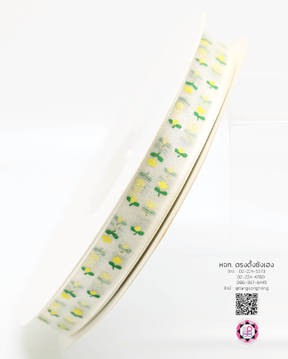 ริบบิ้นผ้าแก้ว กว้าง 13 มิล ยาว 50 หลา พิมพ์ลายดอกทิวลิป สีขาว 01#