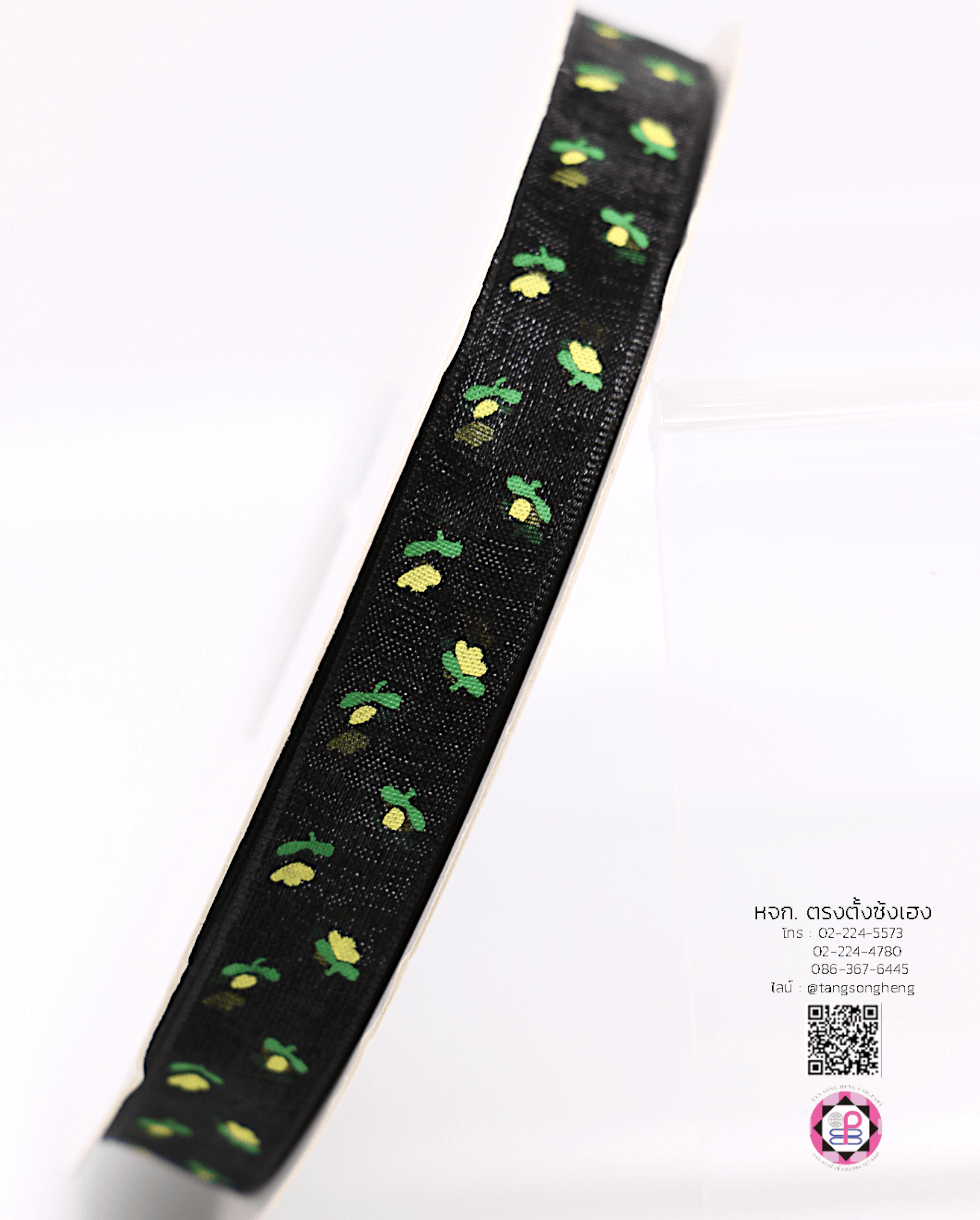 ริบบิ้นผ้าแก้ว กว้าง 13 มิล ยาว 50 หลา พิมพ์ลายทิวลิป สีดำ
