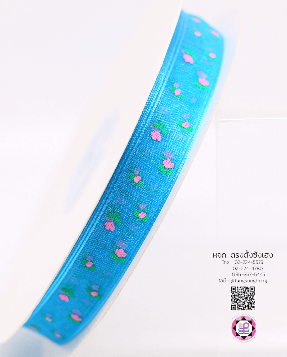 ริบบิ้นผ้าแก้ว กว้าง 13 มิล ยาว 50 หลา พิมพ์ลายทิวลิป สีฟ้าน้ำทะเล 47#