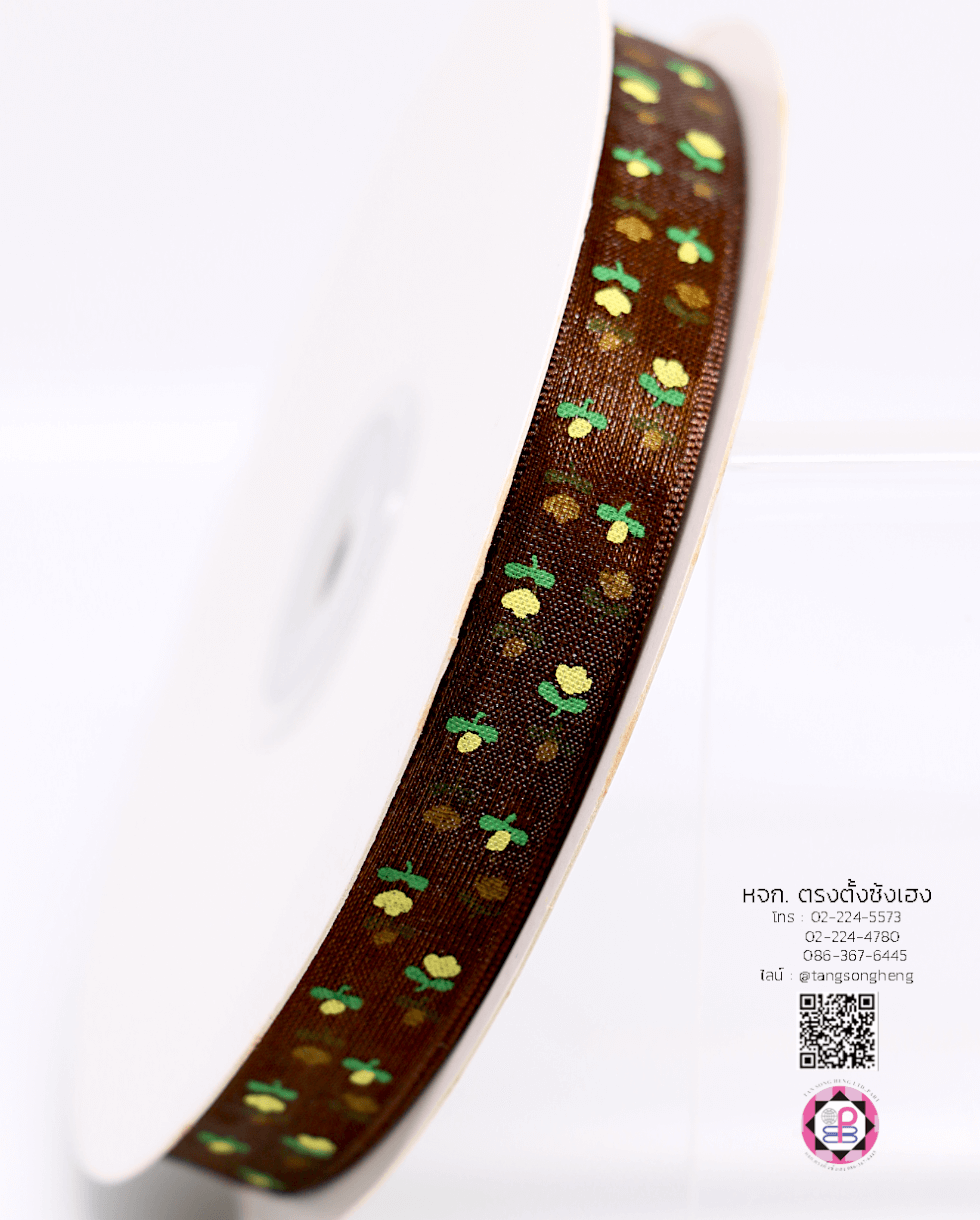 ริบบิ้นผ้าแก้ว กว้าง 13 มิล ยาว 50 หลา พิมพ์ลายทิวลิป สีน้ำตาล 32#
