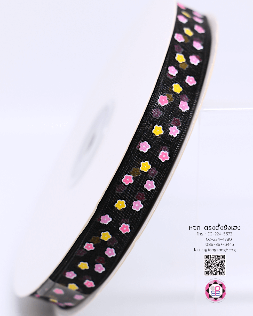 ริบบิ้นผ้าแก้ว กว้าง 13 มิล ยาว 50 หลา พิมพ์ลายดอกไม้ 3 สี สีดำ 39#