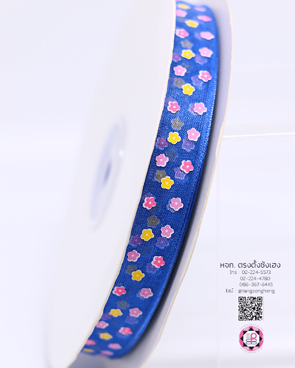 ริบบิ้นผ้าแก้ว กว้าง 13 มิล ยาว 50 หลา พิมพ์ลายดอกไม้ 3 สี สีน้ำเงิน 40#