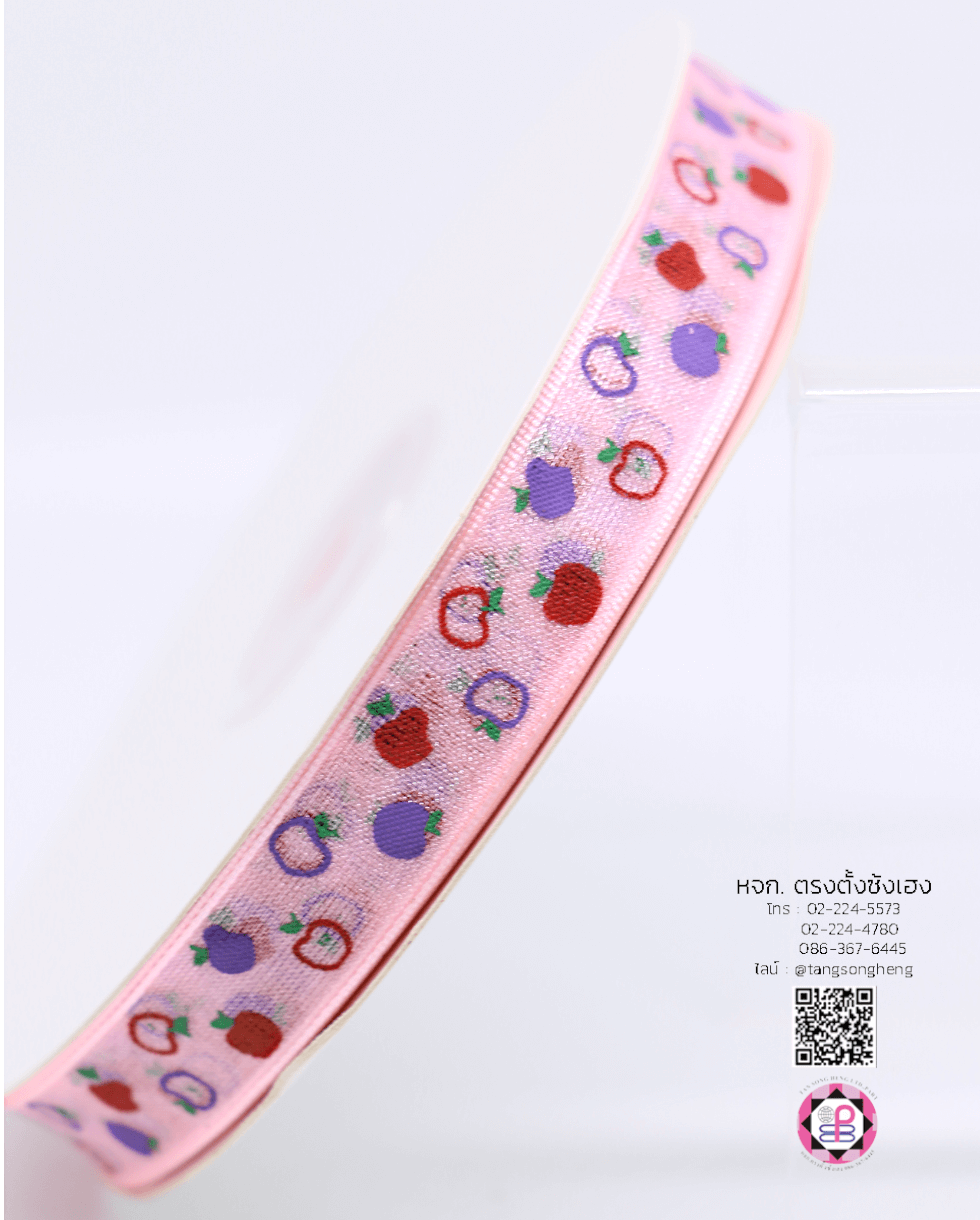 ริบบิ้นผ้าแก้ว กว้าง 13 มิล ยาว 50 หลา พิมพ์ลายแอปเปิ้ล 3 สี สีชมพูอ่อน 147#