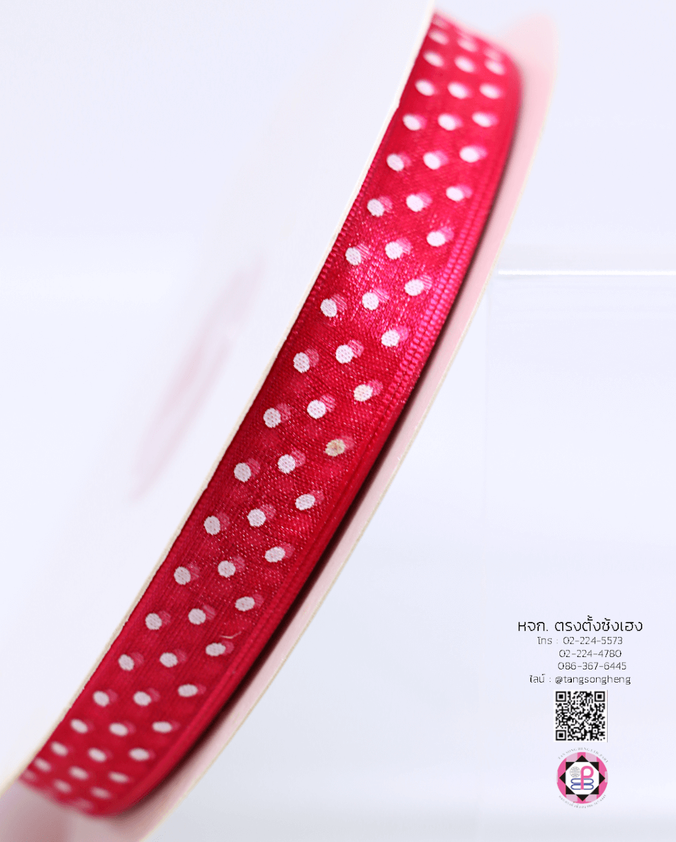 ริบบิ้นผ้าแก้ว กว้าง 13 มิล ยาว 50 หลา พิมพ์ลายจุด สีบานเย็นจุดขาว 28#