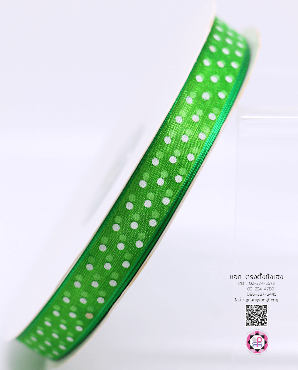 ริบบิ้นผ้าแก้ว กว้าง 13 มิล ยาว 50 หลา พิมพ์ลายจุด สีเขียวเข้มจุดขาว 19#