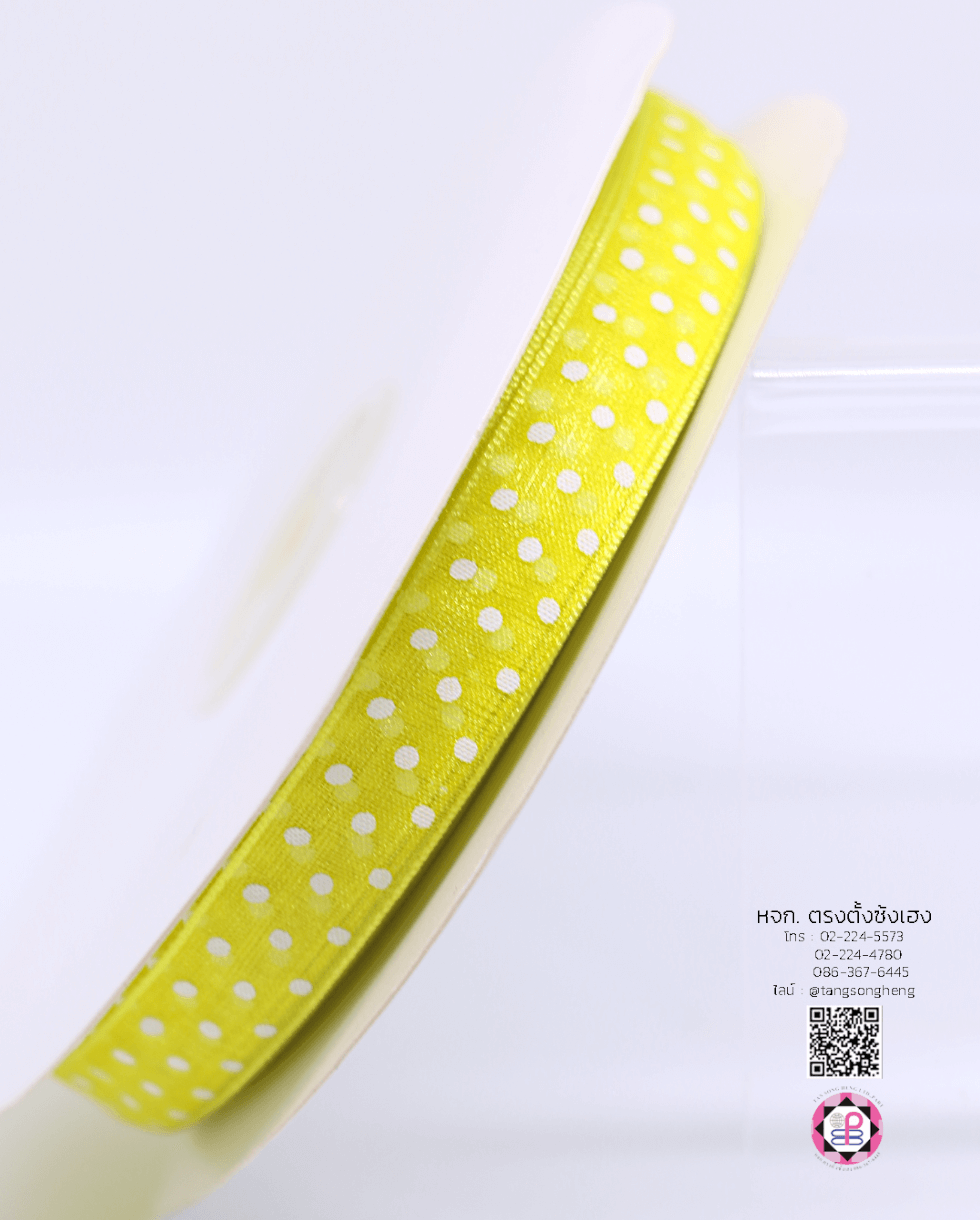ริบบิ้นผ้าแก้ว กว้าง 13 มิล ยาว 50 หลา พิมพ์ลายจุด สีเขียวเลม่อน 52#