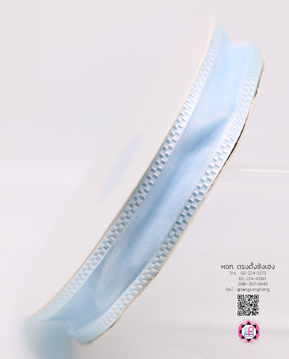ริบบิ้นผ้าแก้ว กว้าง 1 นิ้ว ยาว 50 หลา ทอขอบสก๊อต สีฟ้าอ่อน 178#