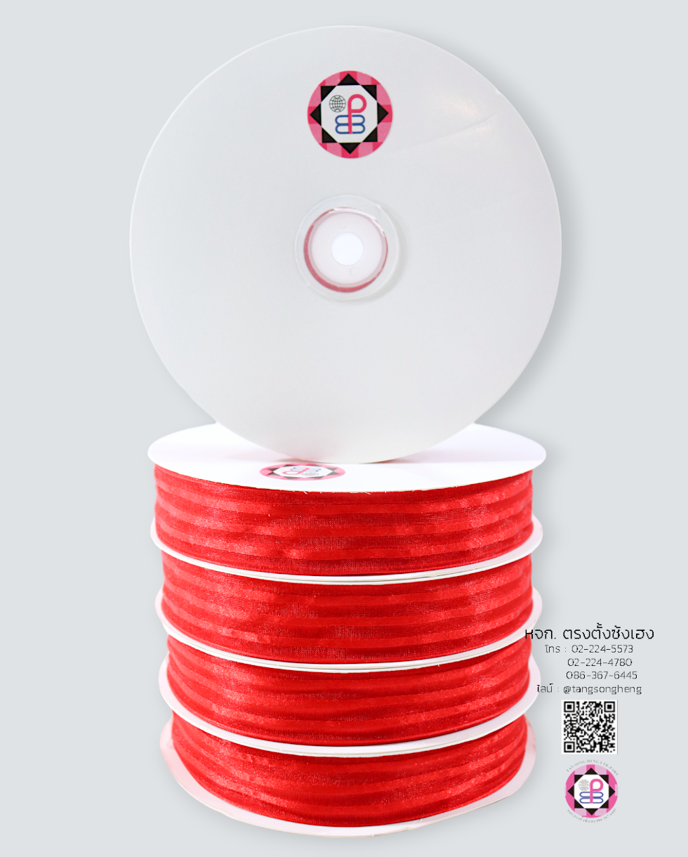 ริบบิ้นผ้าแก้ว กว้าง 1 นิ้ว ยาว 50 หลา ทอลายริ้ว สีแดง 26#