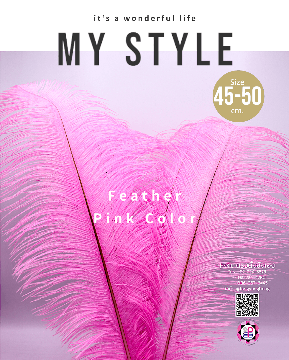 ขนนกกระจอกเทศเป็นก้าน ขนาด 45-50 ซม. สีชมพูอ่อน แพ็ค 5 ก้าน