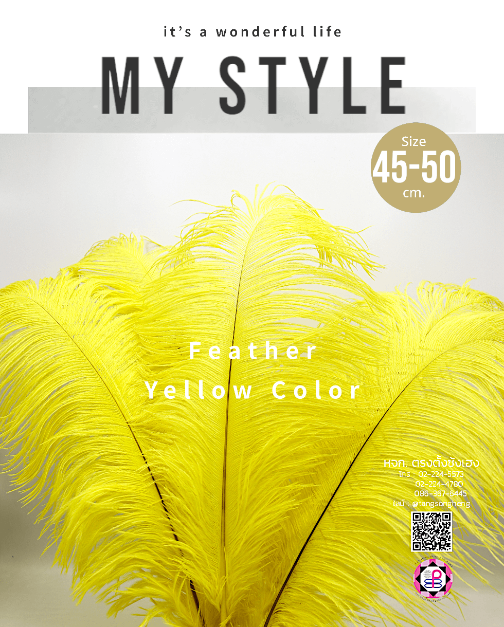 ขนนกกระจอกเทศเป็นก้าน ขนาด 45-50 ซม. สีเหลือง แพ็ค 5 ก้าน